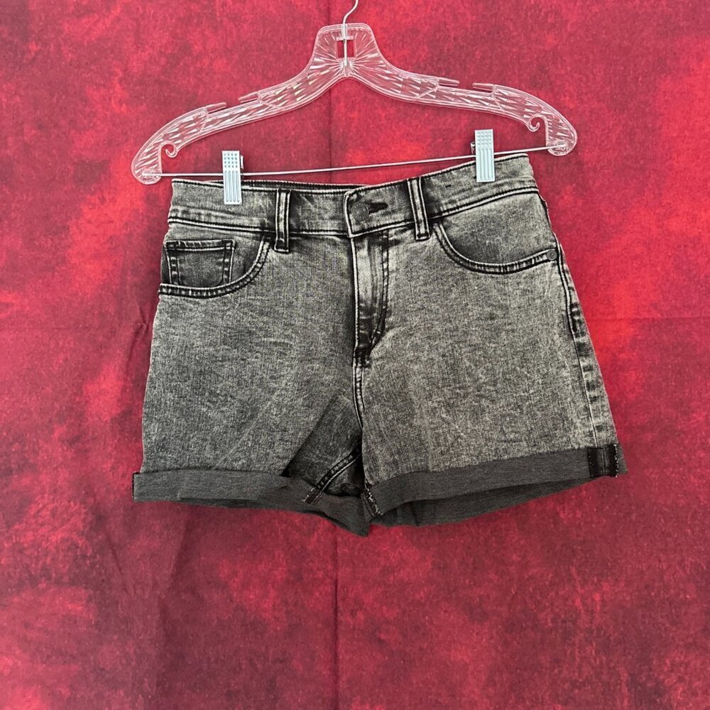 EXPRESS BLACK GRAY ACID WASH DENIM SHORTS WITH CUFFED HEM,, MID RISE, SIZE SMALL